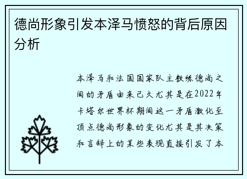 德尚形象引发本泽马愤怒的背后原因分析