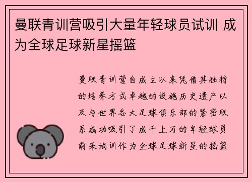 曼联青训营吸引大量年轻球员试训 成为全球足球新星摇篮 曼联青训营吸引大量年轻球员试训 成为全球足球新星摇篮