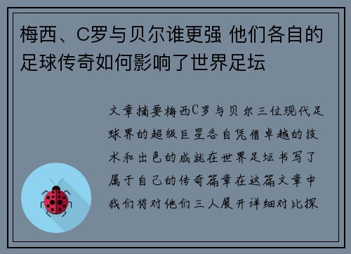 梅西、C罗与贝尔谁更强 他们各自的足球传奇如何影响了世界足坛
